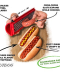 Crosshatch Hot Dog Slicer Tool With Stainless Steel Blades 10 Inch Red Cutter For Kitchen And Grilling Tailgating Camping And Backyard BBQ Creates Juicy Diamonds And Deep Flavor Penetration demonstrating diamond cuts on hot dogs.