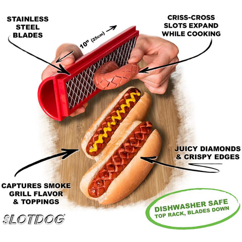 Crosshatch Hot Dog Slicer Tool With Stainless Steel Blades 10 Inch Red Cutter For Kitchen And Grilling Tailgating Camping And Backyard BBQ Creates Juicy Diamonds And Deep Flavor Penetration demonstrating diamond cuts on hot dogs.