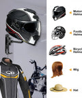 Two Pack Wall Mounted Helmet Holder With 180 Degree Rotating Rack And Dual Hooks displaying motorcycle helmet