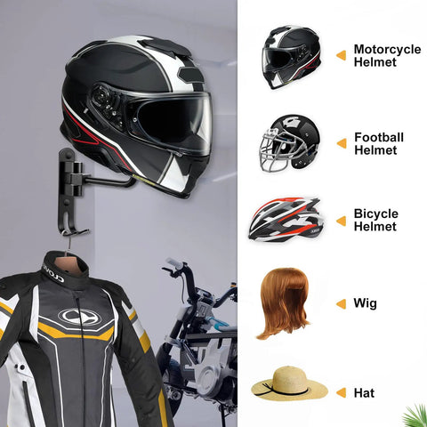 Two Pack Wall Mounted Helmet Holder With 180 Degree Rotating Rack And Dual Hooks displaying motorcycle helmet