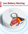Close-up of a Battery Powered Smoke Alarm with Test Silence Button showing low battery warning indicator and replaceable 9V battery.