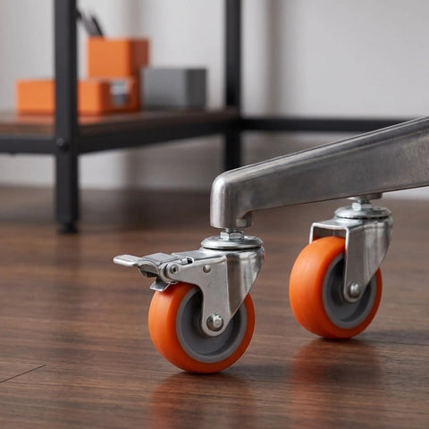 Close-up of 4pcs Inch M8 TPR Rolling Furniture Casters with Brake Orange, showcasing smooth wheels on a metal cart.
