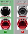 Comparison of Dyson vacuum adapters for V7 V8 V10 V11 and V10 Slim V12 models, highlighting differences in design and compatibility.
