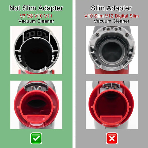 Comparison of Dyson vacuum adapters for V7 V8 V10 V11 and V10 Slim V12 models, highlighting differences in design and compatibility.