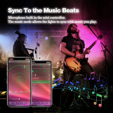 Band playing under color-changing lights controlled by app, showcasing 65.6Ft Led Strip Lights For Bedroom With App Control And Music Sync Ultra Long Color Changing Mood Lighting For Room Decor And Party Vibes Remote App Control Diy Ambience Voice Assistant Compatible Dimmable Brightness Easy Install.