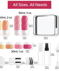 23 Pack TSA Approved Travel Bottles Set With Leakproof Refillable Silicone Squeezable Bottles And Jars For Shampoo Conditioner Lotion Cream In Clear Pink Bag Perfect For Short Getaways And Long Trips showing various container sizes and dimensions.