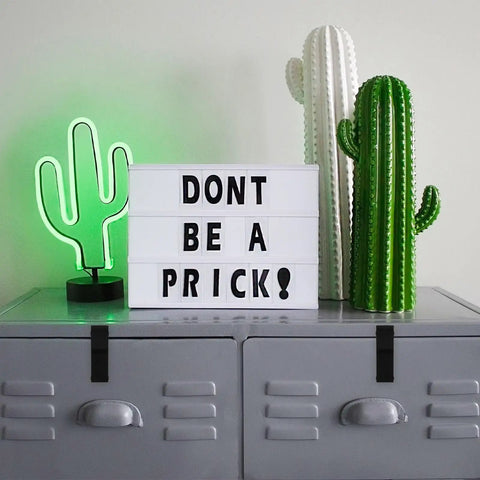 Cacti decor and lightbox with "Don't Be a Prick" sign on locker cabinet