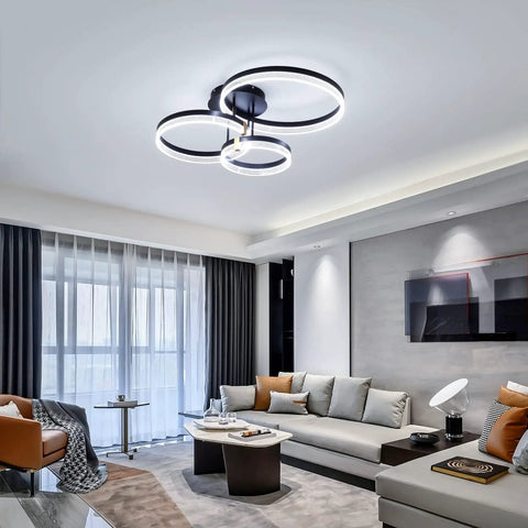 Modern LED Ceiling Light With Remote Control, Dimmable Acrylic Ring Chandelier, Two Ring Black Flush Mount Fixture in living room