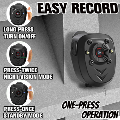 Wearable Body Cam On The Job With 128GB Memory Card Night Vision IR HD 1080P Loop Recording 4 To 6 Hour Battery Life Portable Police Security Camera showcasing easy record button functions.