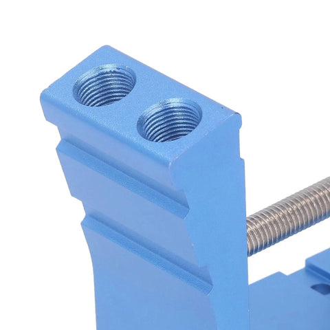 Close-up of Pro Grade Aluminum Alloy Drill Guide Pocket Hole Jig System for Woodworking with threaded holes visible