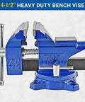 Heavy Duty Rock Solid Home Workshop Bench Vise Four Point Five Inch Wide Jaw With Hella Sturdy Soft Covers And Sure Grip Swivel Base Gray Iron Cast Construction For Diy Makers Making Quick Work Of Projects - blue bench vise with 4.5-inch jaws