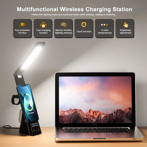 LED Desk Lamp With Wireless Charger 3 in 1 Fast Charging Station Touch Control Desk Lamp With Clock Alarm 3 Lighting Modes And Stepless Dimming For Home Office Eye Caring Black next to laptop and phone.
