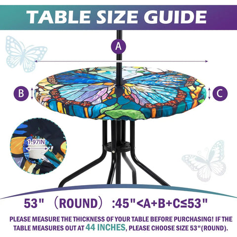 Butterfly Pattern Round Outdoor Tablecloth With Umbrella Hole And Zipper, Waterproof And Anti Wrinkle Cover for 53 inch table guide.