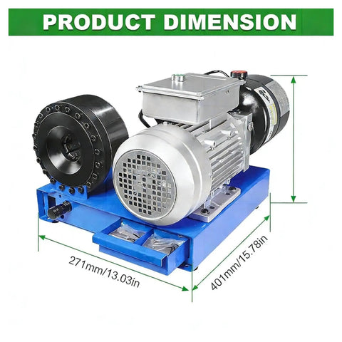 Industrial Grade Electric Hydraulic Hose Press Automatic Crimping Machine For High Pressure Pipe And Fitting Setup dimensions and motor details.