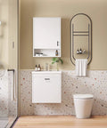 Modern bathroom interior with wall cabinet, round mirror, shower, and terrazzo tiles.