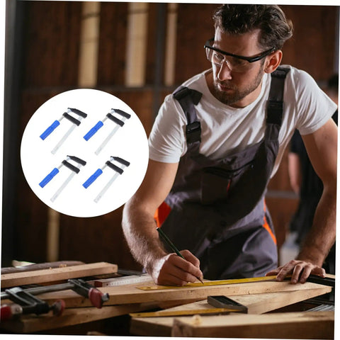Man woodworking in shop with 4 pack Heavy Duty Woodworking Clamps Set for Quick Holding in Carpentry visible in overlay.