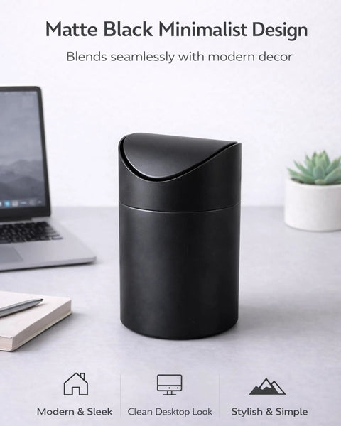 Tiny Matte Black Desktop Trash Can With Lid For Office Desk And Vanity 1.5 Liter Countertop Waste Bin on desk
