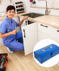 Person using Blue Iron Toolbox With Heavy Duty Lock And Steel Reinforced Corners Comfortable Grip Bar For Hardware Bits Sorting.