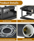 Product details of two light flush mount ceiling light fixture for farmhouse industrial vintage style, showing metal frame and E26 socket.