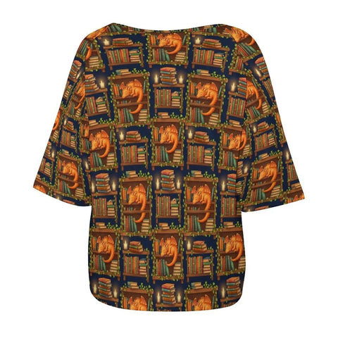Back view of soft and comfy womens boat neck short sleeve tee with lightweight breathable fabric and stretchy 95 polyester 5 spandex blend dragon bookshelf graphic for everyday comfort and easy style.
