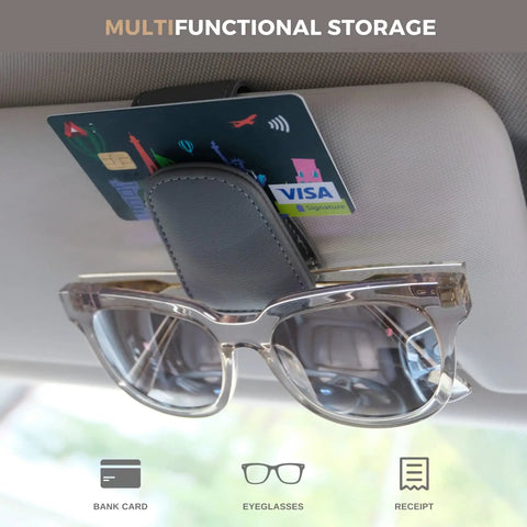 Keep Your Dash Clean With This Beefy Magnetic Leather Sunglass Holder Snapping Tight On Visors Grabbing Shades Cards And Cash Secure So Your Ride Stays Fresh Forever, showing sunglasses and card holder.
