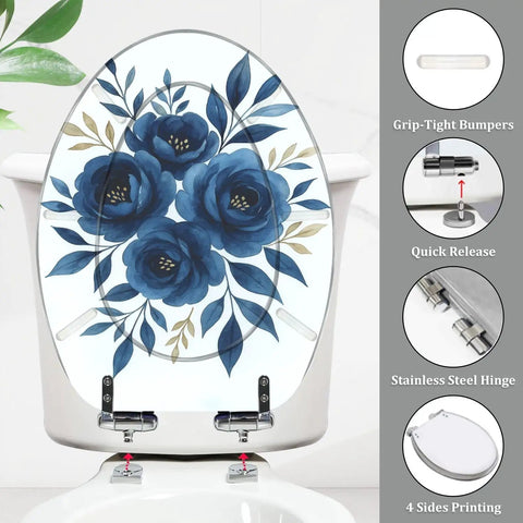 Elongated Toilet Seat Quiet Close Quick Release Bathroom with floral design, grip-tight bumpers, and stainless steel hinges.
