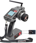 Beefed Up 7 Channel RC Transmitter With Waterproof Gyro Receiver And Surface Remote For Crawler Drifting Car And Boat 2 4GHz Telemetry Two Way FHSS Long Range Up To 1900 Feet 30 Model Memory with display and lanyard visible