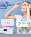 Woman smiling, holding glasses cleaned by 50kHz Ultrasonic Jewelry Cleaner With UV Light, 24oz Stainless Steel Tank, digital timer visible