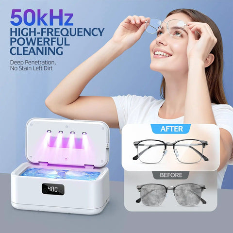 Woman smiling, holding glasses cleaned by 50kHz Ultrasonic Jewelry Cleaner With UV Light, 24oz Stainless Steel Tank, digital timer visible