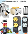 Household appliances with power adapter, NEMA 5-15R/20R outlets, including coffee maker, toaster, kettle, and blender shown.