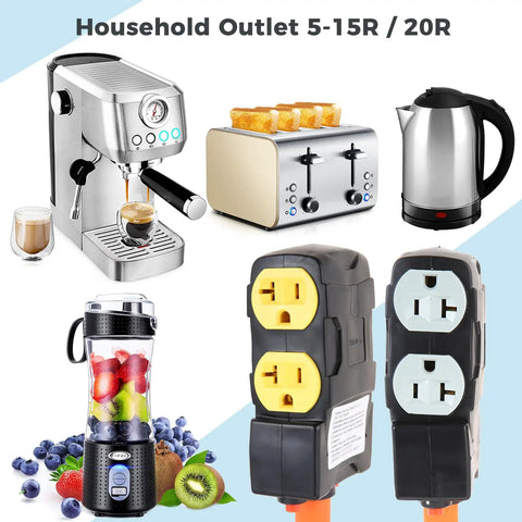 Household appliances with power adapter, NEMA 5-15R/20R outlets, including coffee maker, toaster, kettle, and blender shown.