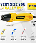 All In One Solder Seal Wire Connector Kit With Mini Heat Gun Waterproof Heat Shrink 10 To 26 AWG For Automotive Marine Wiring Repair 220 Pcs DIY Quick Splice And Seal showing 220 connector pieces and yellow heat gun.