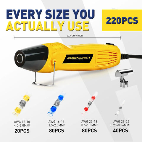 All In One Solder Seal Wire Connector Kit With Mini Heat Gun Waterproof Heat Shrink 10 To 26 AWG For Automotive Marine Wiring Repair 220 Pcs DIY Quick Splice And Seal showing 220 connector pieces and yellow heat gun.