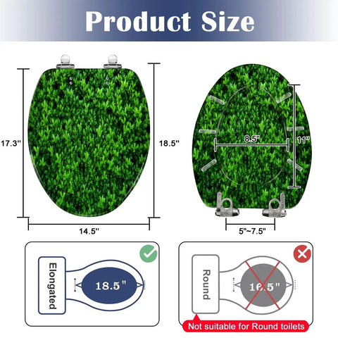 Elongated green moss old concrete wall green moss nature dark Toilet Seat dimensions with measurement guide on display.