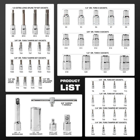 Torx Socket Set With Quarter Inch Three Eighths Inch And Half Inch External Heavy Duty Sockets 53 Piece Kit product list