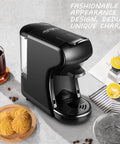 Front view of black Capsule Coffee Machine With Built In Grinder And Steam Wand Compact Do It All Espresso Maker.