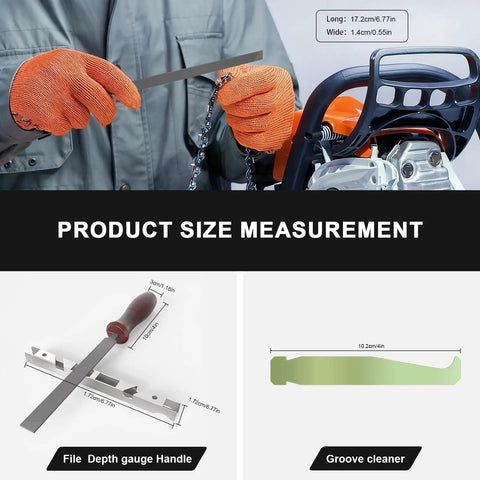 Person using Pro Grade Chainsaw Sharpening Kit with ten chainsaw files, file holder, depth gauge, and case for sharpening.