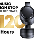 Long Battery Life Wireless Headphones With Active Noise Cancelling, 120 Hour Playtime, 6 ENC Microphones, shown in black