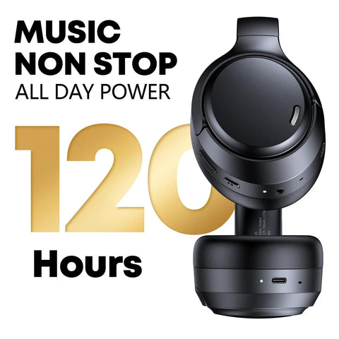 Long Battery Life Wireless Headphones With Active Noise Cancelling, 120 Hour Playtime, 6 ENC Microphones, shown in black