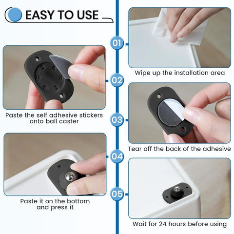 Heavy Duty Self Adhesive Caster Wheels And Appliance Rollers For Kitchen Countertop Sliding With 360 Degree Swivel installation steps shown
