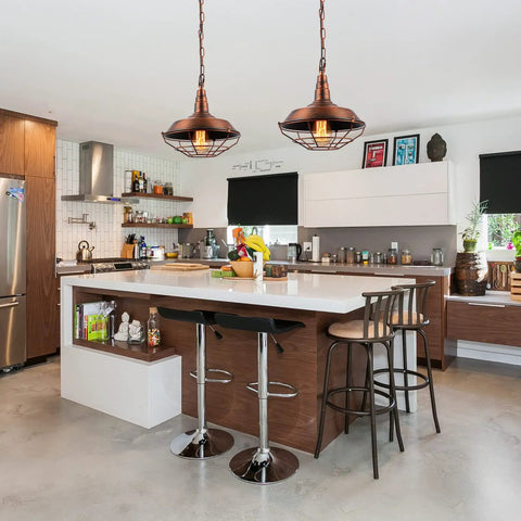 Industrial Pendant Lights 2 Pack For Kitchen Island Farmhouse Style Hanging Fixtures With Adjustable Chains showcased over island.
