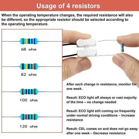 Image showing usage of 4 resistors for Harness Disable Kit For Honda And Acura 3.5L V6 Engines To Disable VCM With Muzzler Tech.