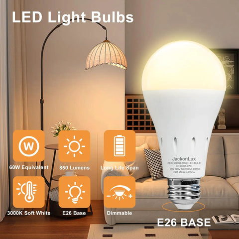 Rechargeable Emergency Light Bulb Battery Powered 9W LED 850 Lumens Soft White 3000K E26 120V UL Listed 4 Pack For Power Outages Camping Reading Hurricane Prep.