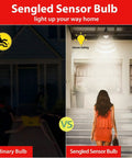 Motion Sensor A19 LED Bulbs Dusk To Dawn 5000K Daylight Motion Activated Indoor Outdoor Lighting 8.8W Equal 60W 800 Lumens For Porch Garage Hallway Weatherproof No Fuss 4 Pack compares dark porch and lit stairs