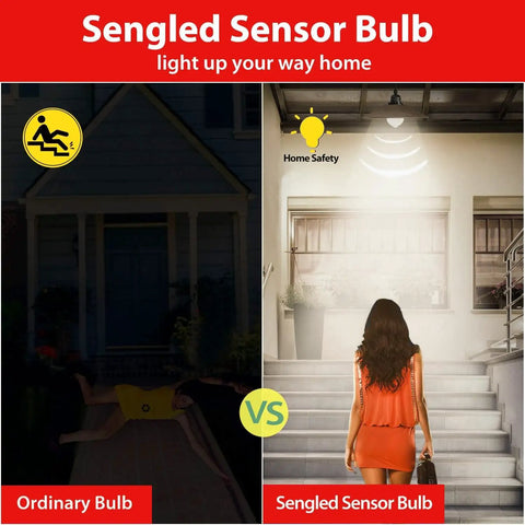 Motion Sensor A19 LED Bulbs Dusk To Dawn 5000K Daylight Motion Activated Indoor Outdoor Lighting 8.8W Equal 60W 800 Lumens For Porch Garage Hallway Weatherproof No Fuss 4 Pack compares dark porch and lit stairs