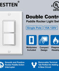 Two Pack Double Rocker Light Switch With Dual Paddle Interrupter, 15A 120V, In Wall On Off, Single Pole, UL Listed, Decor Wall Plate Included, White Finish