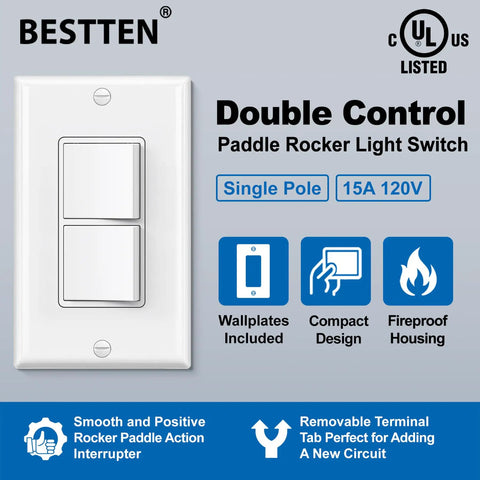 Two Pack Double Rocker Light Switch With Dual Paddle Interrupter, 15A 120V, In Wall On Off, Single Pole, UL Listed, Decor Wall Plate Included, White Finish