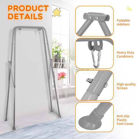 Heavy Duty Foldable Baby Swing Stand A Frame Metal Swing Stand for Backyard and Indoor Outdoor Use illustrating components and setup
