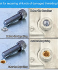 PATIKIL brass threaded repair insert nut collage; before and after repair showing a damaged threaded hole and brass insert installed