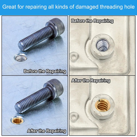 PATIKIL brass threaded repair insert nut collage; before and after repair showing a damaged threaded hole and brass insert installed